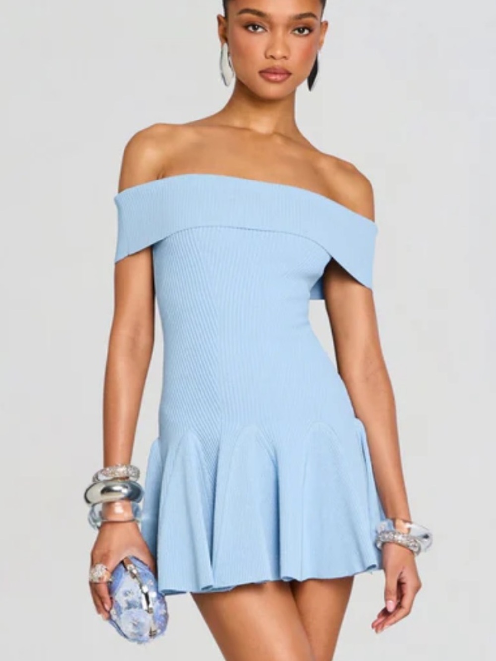Retrofete Erica metallic knit dress Off-Shoulder Light Blue Fit-and-Flare mini S